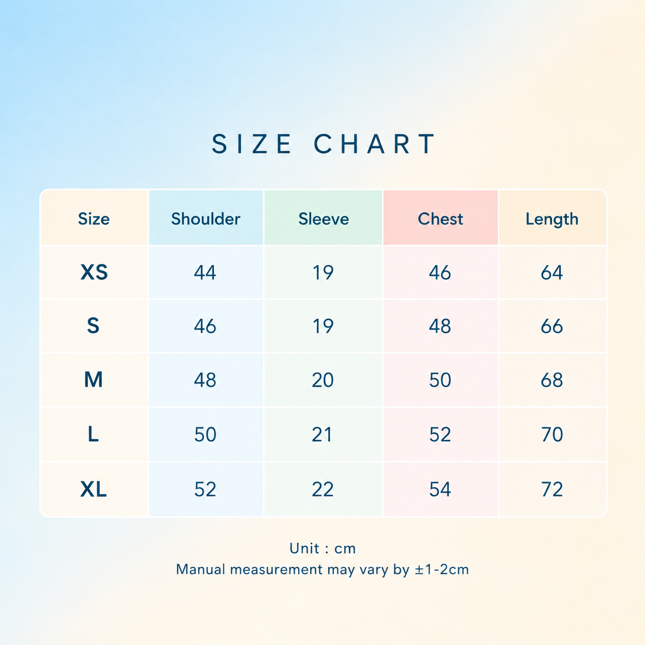 T shirts size chart